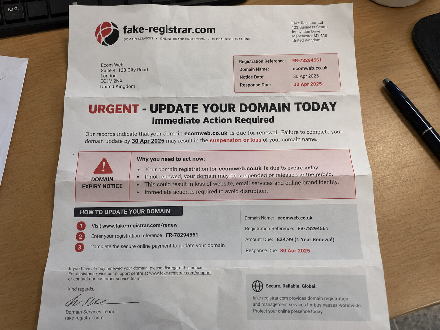 Fake domain renewal letter from "fake-registrar.com" headed "Urgent – update your domain today", with a 30 April 2025 deadline.