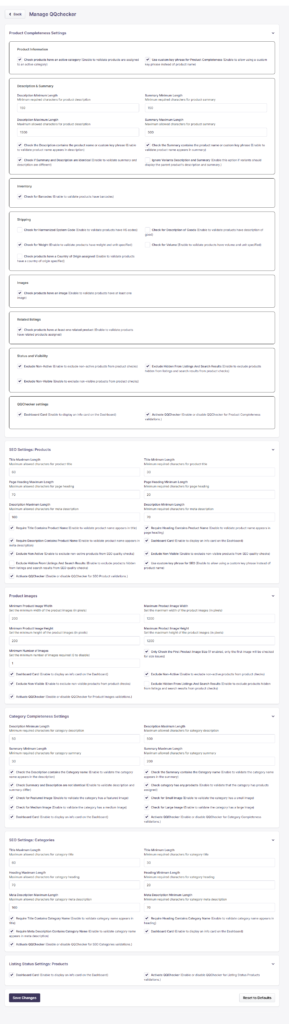 Product Completeness Settings page with multiple collapsible sections and form fields to set min/max lengths, checks, and a Save Changes button.