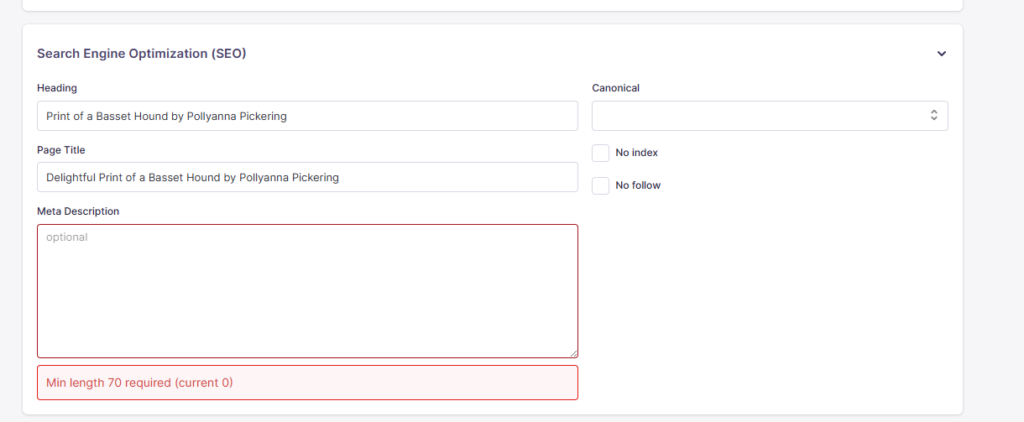 SEO settings panel with fields for Heading, Canonical, Page Title, Meta Description, and options No index/No follow